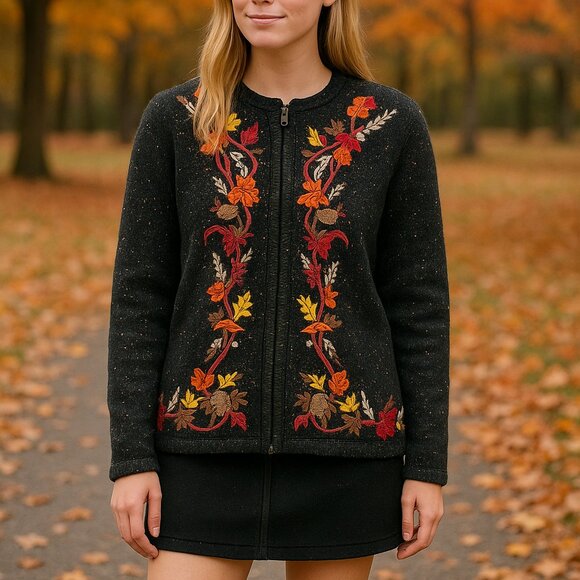 Vintage Croft & Barrow Fall Foliage Embroidered Cardigan Size M - Picture 1 of 9
